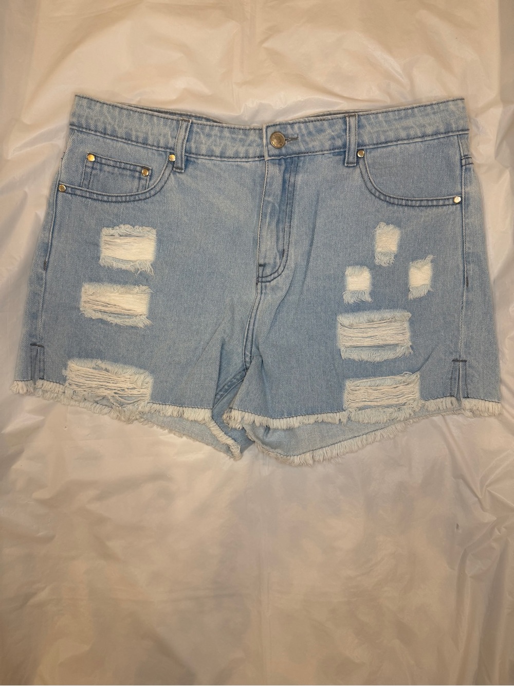 Splash Light Blue Ripped Denim Shorts with Raw Frayed Hem Sz 32